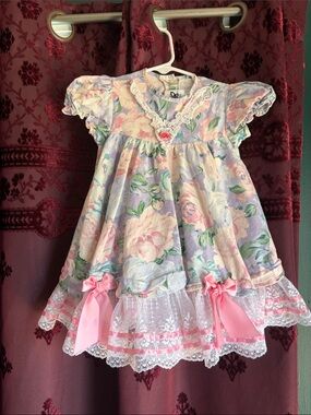 Girls Vintage Floral Lace Party Dress with Pink Bows 18 Months